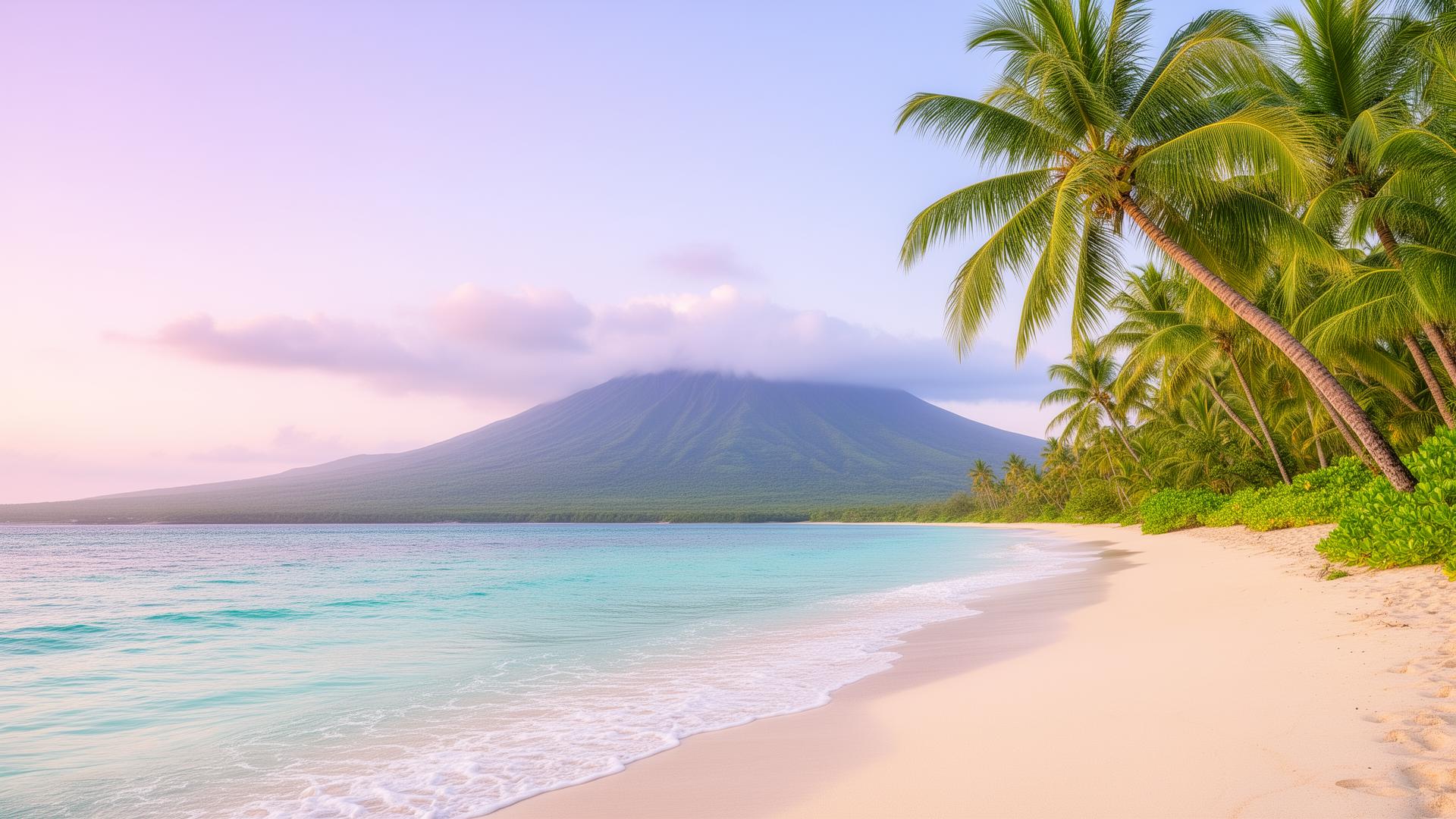 A tranquil Hawaiian beach at golden hour with turquoise water, golden sand, leaning palms, and a misty volcanic mountain
